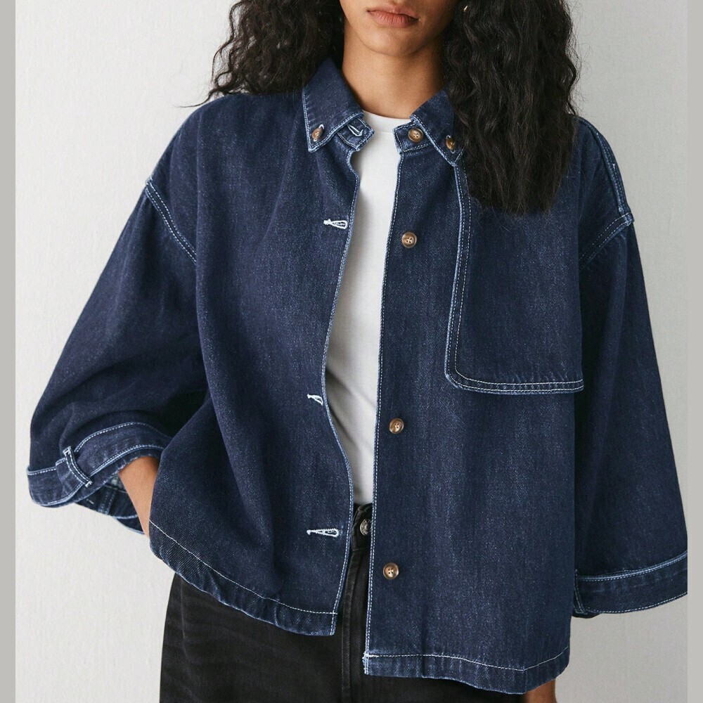 Dark Wash Contrast Stitch Oversized Cropped Denim Jacket
